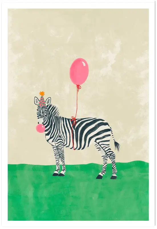 Affiche zèbre fête ballon rose - illustration enfant festi