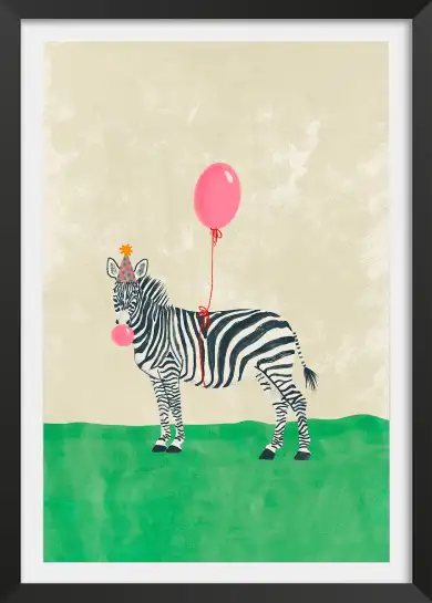 Affiche zèbre fête ballon rose - illustration enfant festi