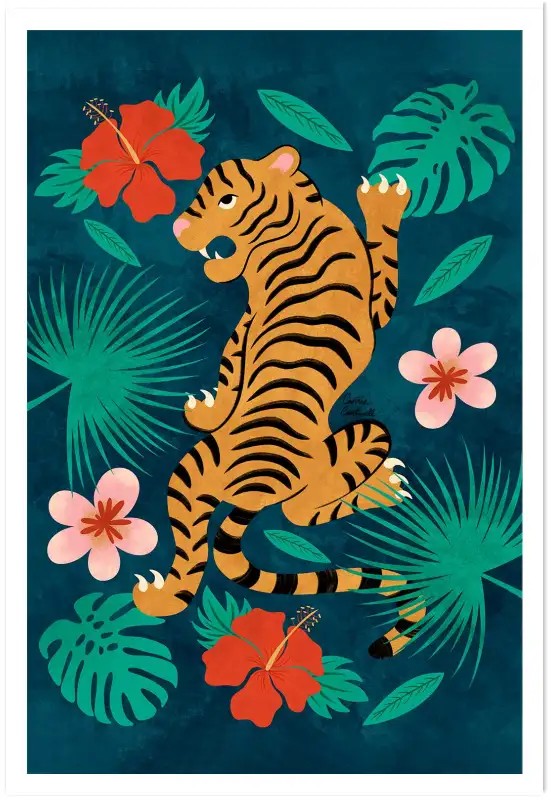 Affiche tigres face à face - illustration tropicale