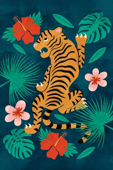 Affiche tigres face à face - illustration tropicale