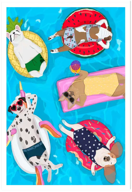 Affiche chiens à la piscine - illustration été & humour