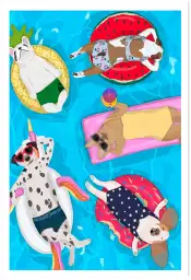 Affiche chiens à la piscine - illustration été & humour