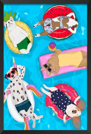 Affiche chiens à la piscine - illustration été & humour