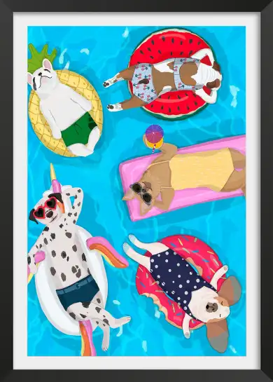 Affiche chiens à la piscine - illustration été & humour