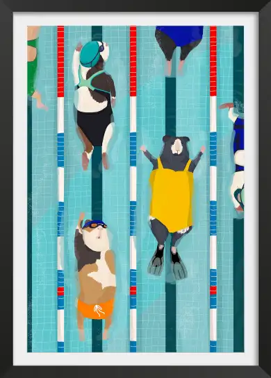 Affiche cobayes piscine - illustration sport & humour