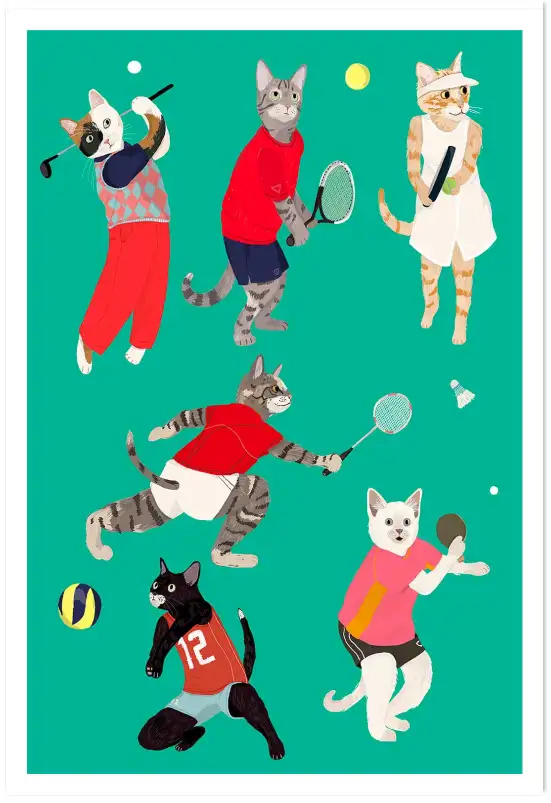 Affiche chats sportifs - illustration racket & ballons vert