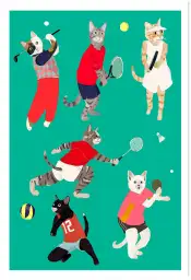 Affiche chats sportifs - illustration racket & ballons vert