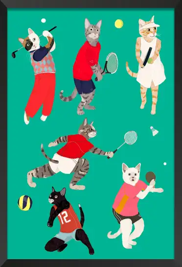 Affiche chats sportifs - illustration racket & ballons vert