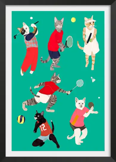 Affiche chats sportifs - illustration racket & ballons vert