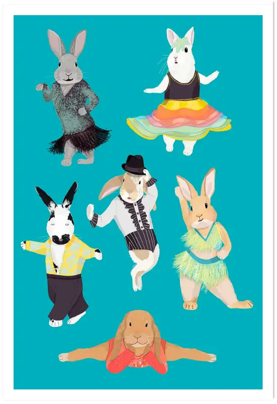 Affiche lapins danseurs - illustration rétro & pop bleu