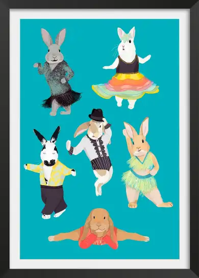 Affiche lapins danseurs - illustration rétro & pop bleu