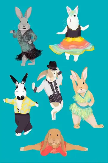 Affiche lapins danseurs - illustration rétro & pop bleu