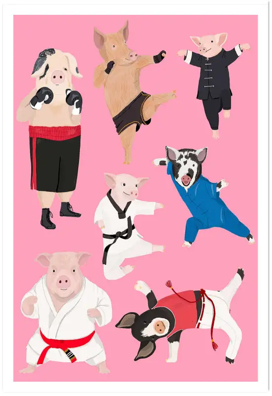 Affiche cochons arts martiaux - illustration sport rose