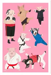 Affiche cochons arts martiaux - illustration sport rose