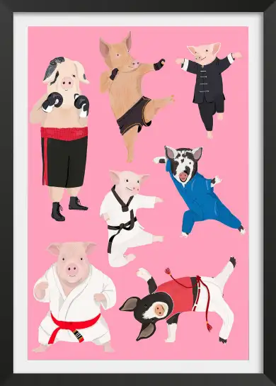 Affiche cochons arts martiaux - illustration sport rose