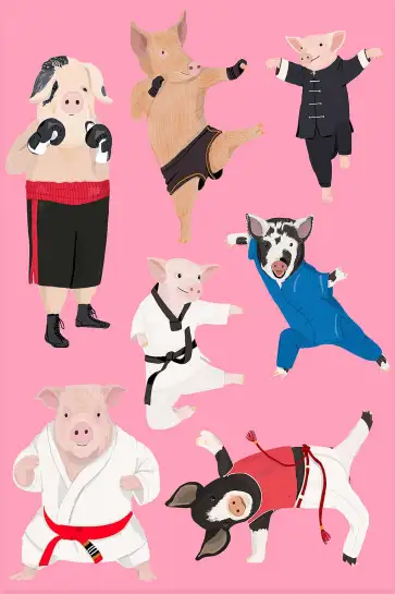 Affiche cochons arts martiaux - illustration sport rose
