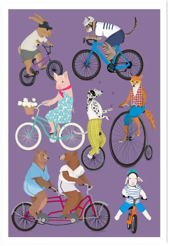 Affiche animaux à vélo - illustration vélo & cyclisme violet