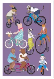 Affiche animaux à vélo - illustration vélo & cyclisme violet