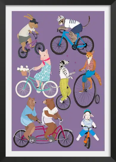 Affiche animaux à vélo - illustration vélo & cyclisme violet