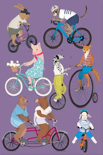 Affiche animaux à vélo - illustration vélo & cyclisme violet