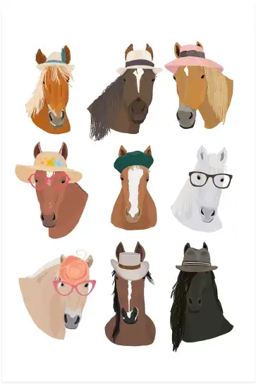 Affiche chevaux lookés - design chapeaux & lunettes