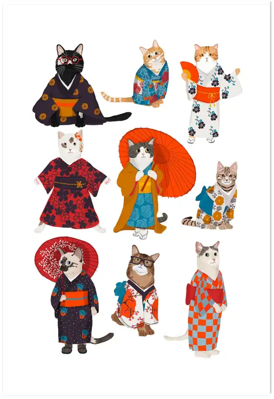 Affiche Chats en Kimono - Illustration Japonaise Traditionnelle
