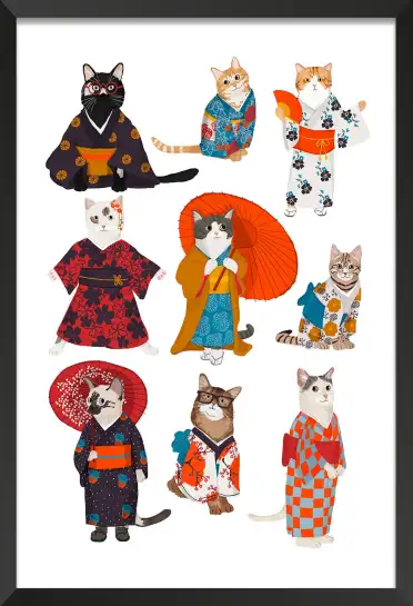 Affiche Chats en Kimono - Illustration Japonaise Traditionnelle