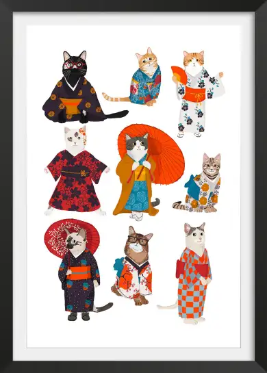 Affiche Chats en Kimono - Illustration Japonaise Traditionnelle