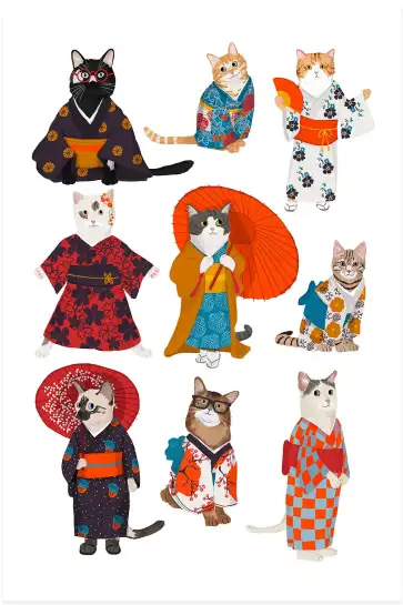 Affiche Chats en Kimono - Illustration Japonaise Traditionnelle