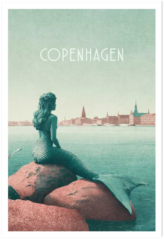 Affiche copenhague petite sirène - illustration vintage