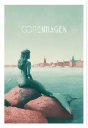 Affiche copenhague petite sirène - illustration vintage