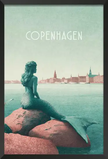 Affiche copenhague petite sirène - illustration vintage