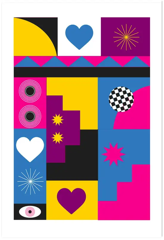Affiche composition pop art - mosaïque géométrique et motifs rétro