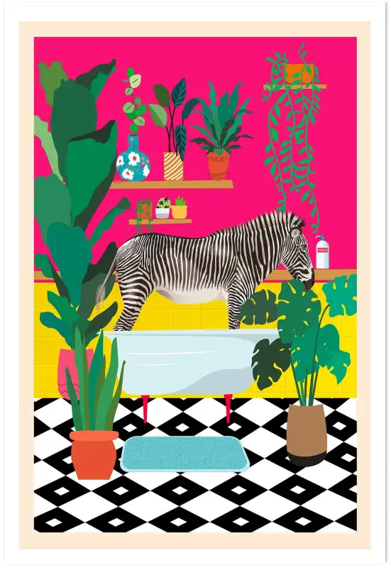 Affiche pop art baignoire zèbre - illustration originale et colorée