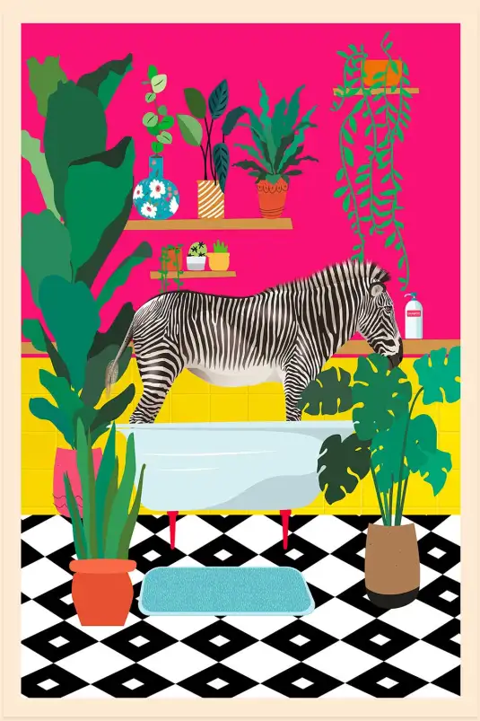 Affiche pop art baignoire zèbre - illustration originale et colorée
