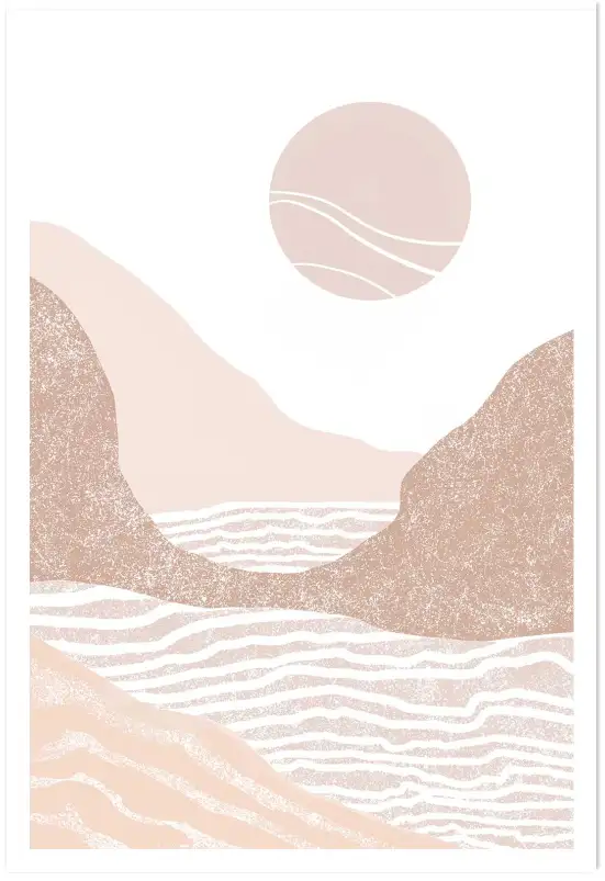Affiche paysage minimaliste - Rivage au coucher du soleil tons rose pastel
