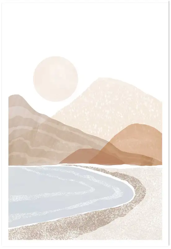Affiche illustration paysage doux - laPlage au soleil couchant beige pastel