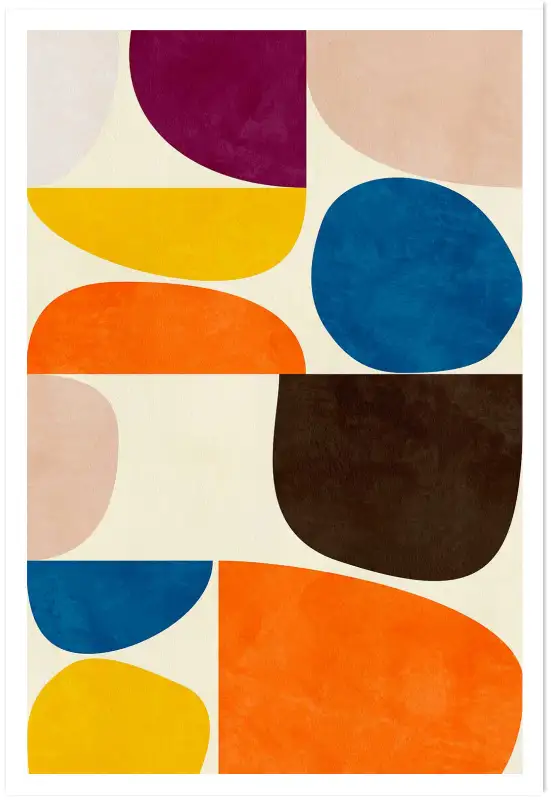 Affiche Color Block Abstrait - Formes galets bleu, orange et prune