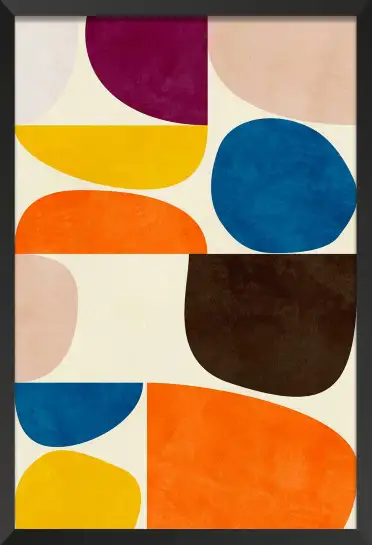 Affiche Color Block Abstrait - Formes galets bleu, orange et prune
