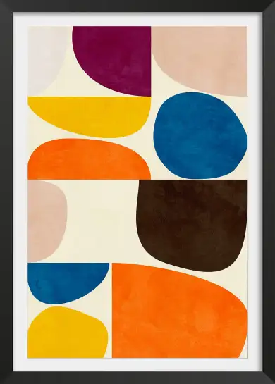 Affiche Color Block Abstrait - Formes galets bleu, orange et prune