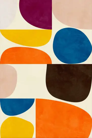 Affiche Color Block Abstrait - Formes galets bleu, orange et prune