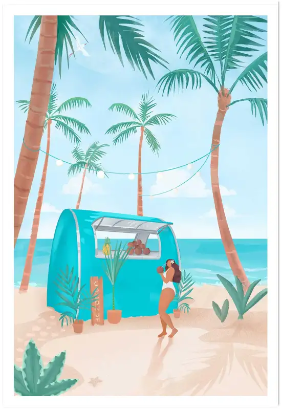 Affiche paysage tropical - Bar à coco sur la plage