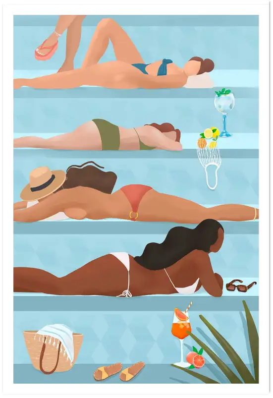Affiche Illustration Été - Femmes bronzant au bord de la piscine