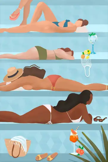 Affiche Illustration Été - Femmes bronzant au bord de la piscine