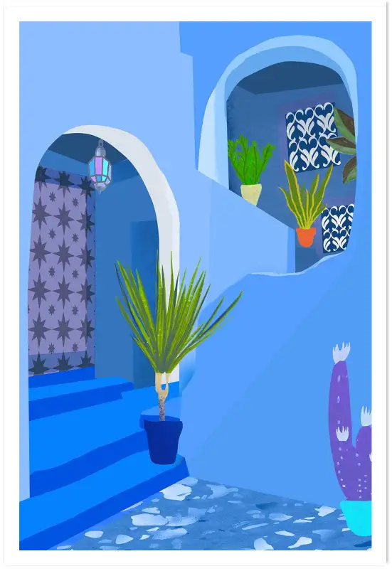 Affiche riad marocain - arches et patio aux nuances de bleu