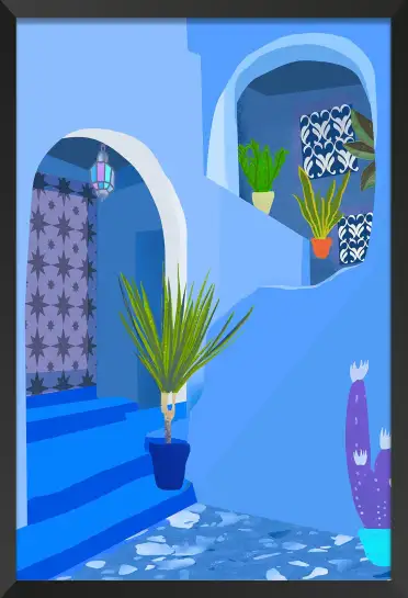 Affiche riad marocain - arches et patio aux nuances de bleu