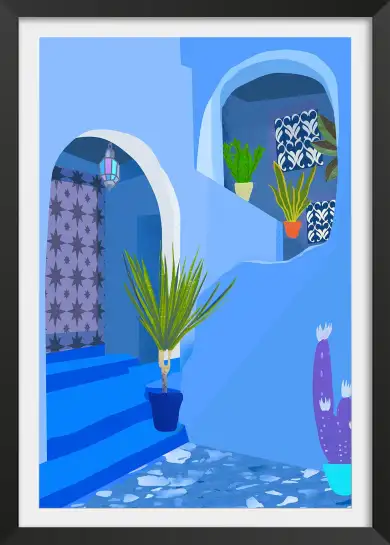 Affiche riad marocain - arches et patio aux nuances de bleu