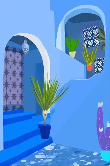 Affiche riad marocain - arches et patio aux nuances de bleu