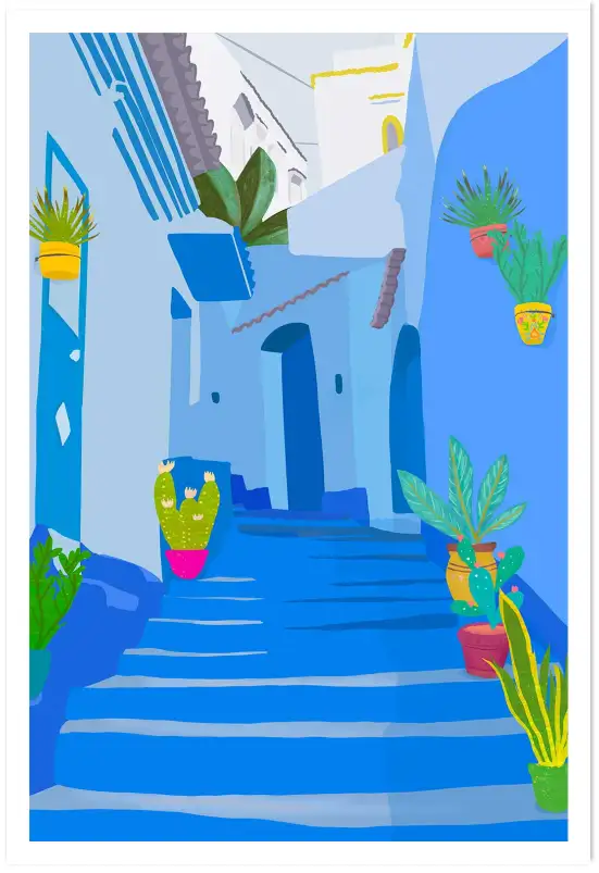 Affiche maroc moderne - escaliers bleus et cactus en pot