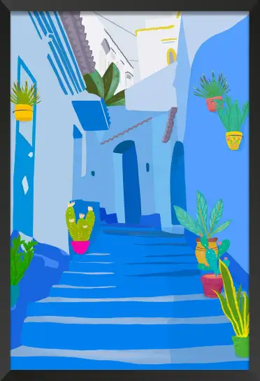 Affiche maroc moderne - escaliers bleus et cactus en pot
